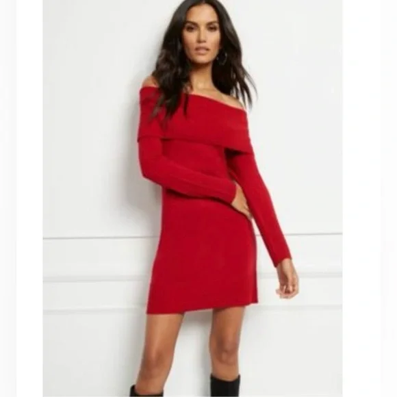 New York & Company Red Off-Shoulder Sweater Dress - Picture 1 of 2